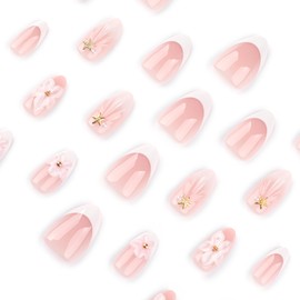 24Pcs Pink Flower Press on Nails Medium Almond Fake Nails with Glue White French Tip False Nails with 3D floral Starfish Pearl Design Cute Almond Nails Press ons Reusable Stick on Nail for Women