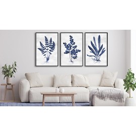 Large Framed Botanical Wall Art - Navy Blue Leaf Wall Decor 16"x24" Set of 3 Minimalist Wall Art Prints Vintage Plant Painting Rustic Fern Canvas Pictures for Living Room Bedroom Office Artwork
