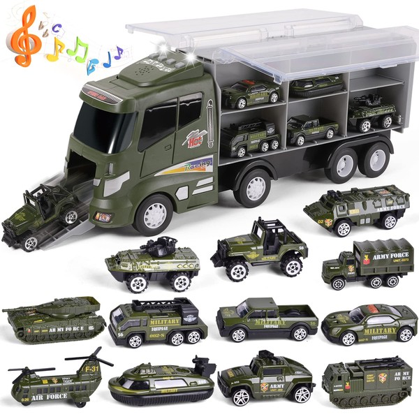 FUN LITTLE TOYS 12 in 1 Die-cast Army Toy Truck with Mini Military Vehicles, Army Toy Cars in Carrier Truck with Lights and Sounds, Military Toys for Kids Birthday Xmas Gifts