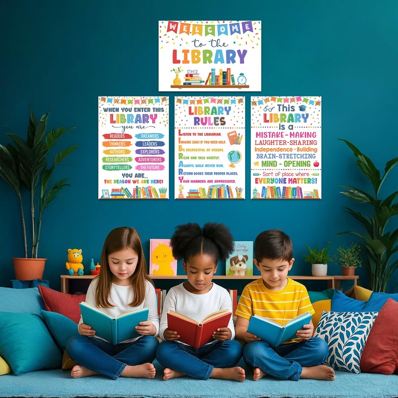 Lalunia 4 Pcs Library Rules Poster (11"x16") - Classroom Library