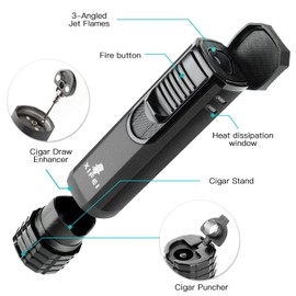 XIFEI Cigar Lighter 3-Angled Jet Flames, Cigar Puncher, Cigar Draw Enhancer, Cigar Stand, 4-in-1Refillable Butane Torch Lighter (Sand Black)