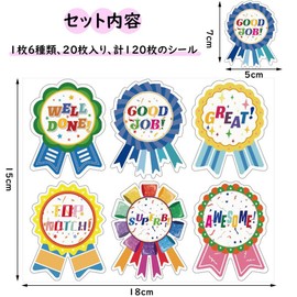 Samcos Reward Seals, 6 Types, 120 Pieces, Cute Stickers, Large Reward, Rosette, Medal Seal, Reward Seal, Happy Graduation Seal