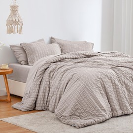 Love's cabin Seersucker Burlwood 7 Pieces Comforter Set Full, Full Bed in a Bag, All Season Bedding Set with Comforter, Flat Sheet, Fitted Sheet, Pillowcase and Pillow Sham