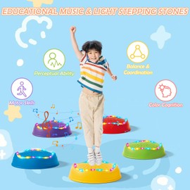 Hitish Music Light Up Stepping Stones for Kids Toddler - 5PCS Non-Slip Stackable Plastic Sensory Stepping Stones, Preschool Obstacle Course Balance Board Game, Gross Motor Energy Toys for Indoor Outdoor