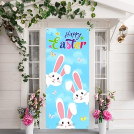 Easter Happy Door Cover, Easter Door Set Decorative Logo, Cute Rabbit Door Set, Spring Easter porch outdoor indoor party background decoration banner (29.5X71 inches)