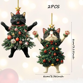 2PCS Cat Christmas Tree Decorations, Acrylic Animal Ornament Pendant, Cute Pet Rustic Seasonal Décor, Christmas Ornaments For The Home, Ceiling, Shelf, Bookshelf Car (2pcs)