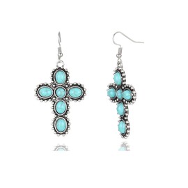Bohemian Turquoise Earrings for Women Boho Vintage Oval Western Drop Dangle Earrings Geometric Ethnic Teardrop Earrings Turquoise Jewelry Gift (Cross)