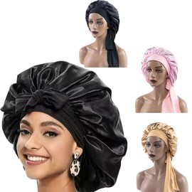ETERNALLOOG 3Pcs Silk Bonnet for Sleeping Satin Bonnet Hair Bonnet Adjustable Tie Bonnets Silky Double Layer Satin Wool (Khaki,Black & Pink)