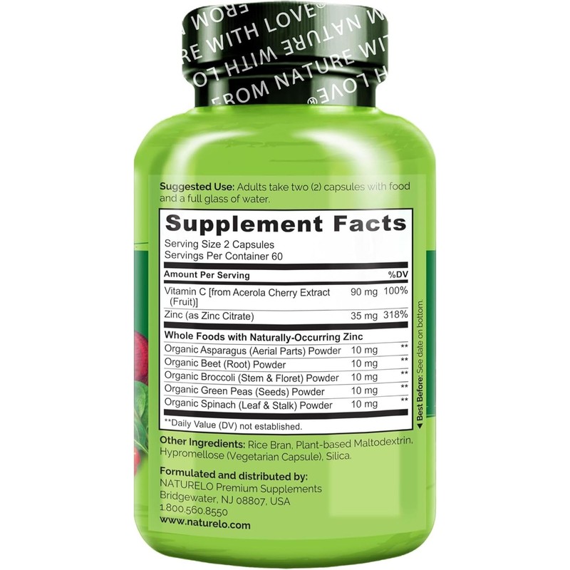 NATURELO Vegan Zinc Immune Support Capsules - Whole Food Complex