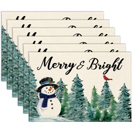 OTOSTAR Christmas Placemats Set of 6, 12x18 Inch Merry & Bright Snowman Watercolor Tree Place Mats Seasonal Winter Xmas Holiday Kitchen Dining Table Mats for Home Party