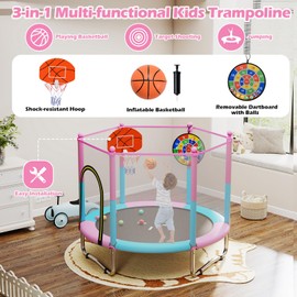 GYMAX Trampoline for Kids, 60” Toddler Rebounder with Basketball Hoop & Dart Board, All-Round Enclosure Net,Mini Indoor Kids Trampoline for Boys & Girls