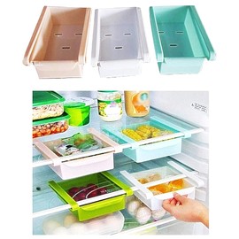 Fridge Organiser - Drawer - Space Saving - Freezer Compartment - Attaches to Fridge Shelves - White, Light Pink, Blue, Pack of 3 - Original Gift Idea