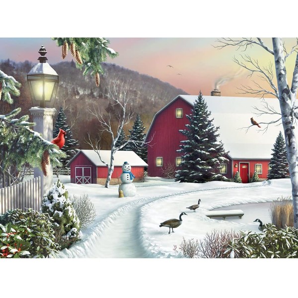 Bits and Pieces - 500 Piece Jigsaw Puzzle - in The Still Light of Dawn - Snowy Barn with Birds Winter Landscape Puzzle - by Artist Alan Giana - 500 pc Jigsaw