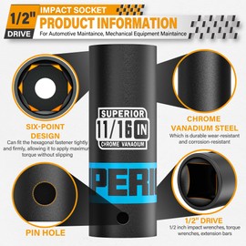 Aiourx 1/2" Drive Impact Socket, 11/16 inch Deep Socket, SAE, 6 Point, CR-V, for Car Repair, Loosen the Fastening Nut