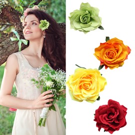 4Pcs Flower Hair Clips Hawaii Hair Clips for Women Roses Hair Accessories for Women, Summer Hair Clip Beach Hair Pins Artificial Flower Small Hair Clips for Styling (Green+Orange+Red+Light Yellow)