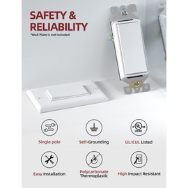 AIDA Single Pole Rocker Decorator Light Switch, 15 Amp Self-grounding Electrical Light Switches, Residential Grade, UL Listed (20 Pack, White)