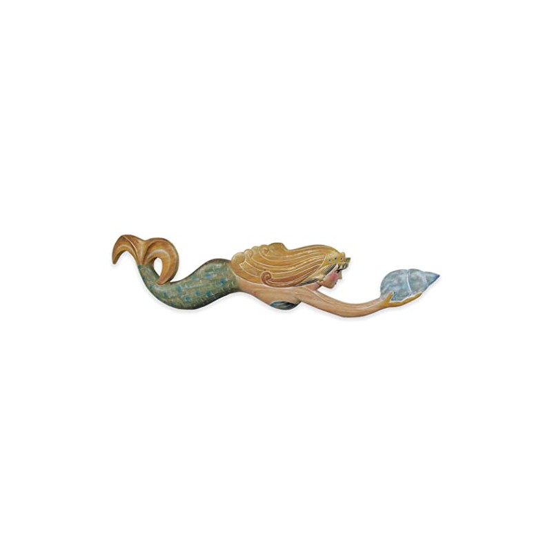 T.I. Design Hand Carved Swimming Mermaid Holding Seashell