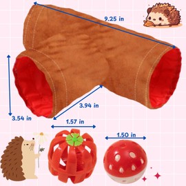 1pcs Hedgehog Hideout Tunnels with 2pcs Bell Ball Toys, Hedgehog Tunnel with Toys for Hedgehogs, Small Animal Tunnels Tubes Toy for Rat Hamster Guinea Pig Bunny, Hedgehogs Accessories (Brown Tunnel)
