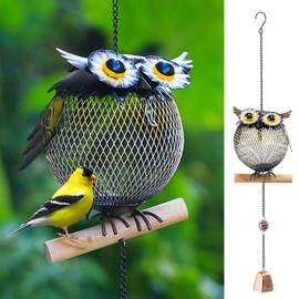 wtreew Solar Owl Bird Feeder Squirrel Proof for Outside - Unique Cute Metal Animal Shaped Wild Bird Feeder with Solar Light, Wind Chime, Gift for Bird Lovers(Owl)