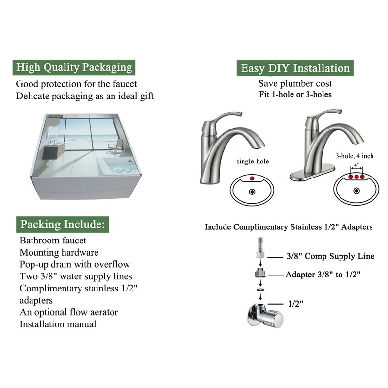 TimeArrow Brushed Nickel 1-Handle Single Hole Bathroom Faucet, 3-Hole Deck