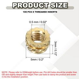 PATIKIL Thread Inserts M3 x 3 x 5 mm, 100 Pieces Brass Heating Insert Female Thread Inserts Metric Knurled Nuts Embedding Nut for Plastic and 3D Printing Components, Gold