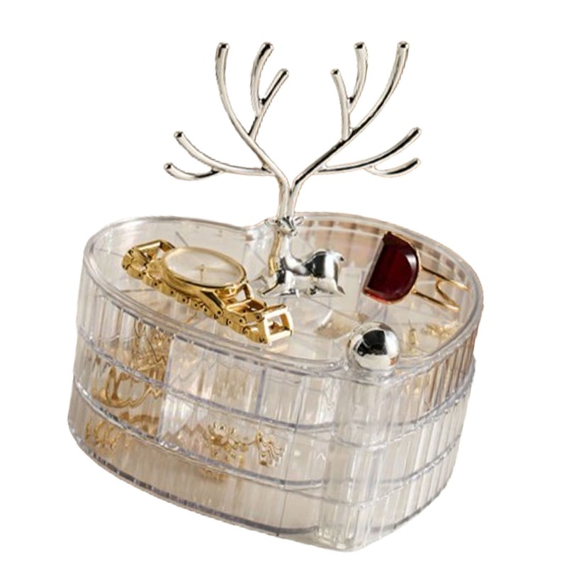Rotating Jewelry Box with Lid Deer Antler Decoration 3 Layer
