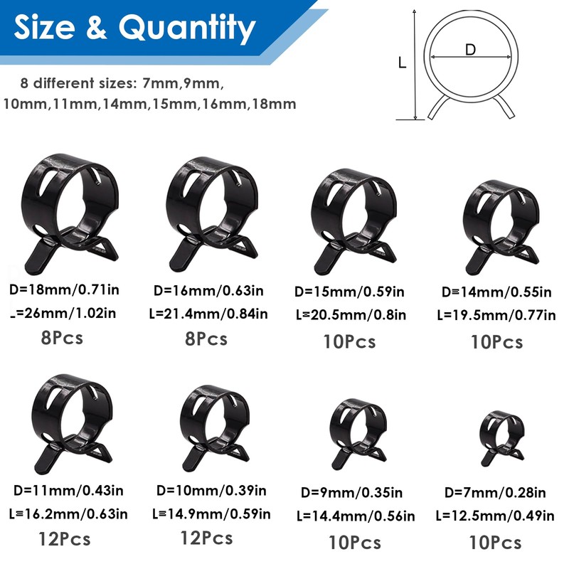 Tnisesm 80Pcs Spring Band Hose Clamps Assortment kits Silicone Vacuum
