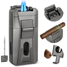 AWOTE Cigar Lighter with Double Jet Flame, Refillable Cigar Torch Lighter with Cigar Holder, V-Cigar Cutter, Cigar Draw Enhancer, Cigar Butane Lighter for Cigar Lovers, Butane not Include