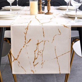 ViaElayu Table Runner Modern White Gold Marble Texture Abstract Washable Outdoor Spring Country Style Vintage Farmhouse Rectangular Tablecloth Kitchen Table Runner Party Decoration 33 x 183 cm