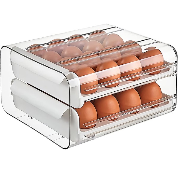WUWEOT 32 Grid Egg Storage Drawer Container for Refrigerator, Clear Double-Layer Type Egg Storage Rack, Space-Saving Kitchen Egg Box Egg Tray Holder
