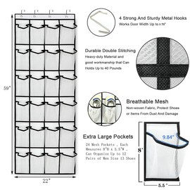 CCSGUI Store 24 Pockets Over the Door Shoe Organizer, Hanging Shoe Organizer for Door with 24 Mesh Pockets Large Capacity Shoe Hanging Storage Bag with 4 Metal Hooks (White-1Pack)
