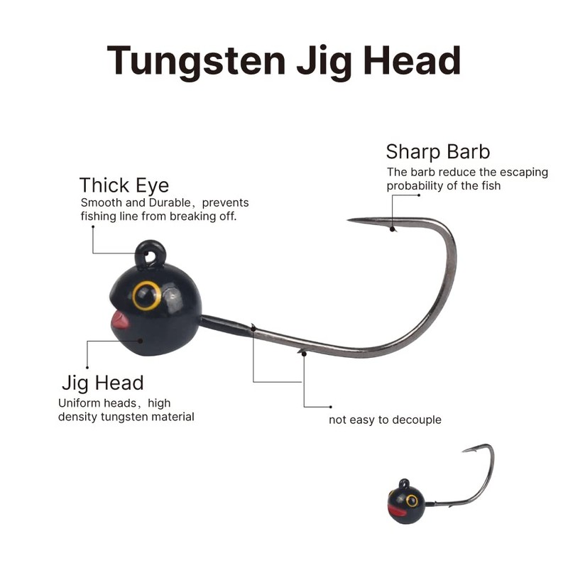 MUUNN 10Pcs Tungsten Jig Head Fishing Hooks， Weedless Round Jig