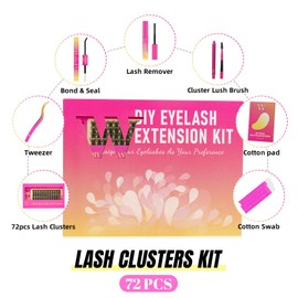 W DIY Eyelash Extension Kit Cluster Lashes Kit with 72 Pieces D Curl Cluster Lashes Wispy Eyelash Bond and Seal Lashes Remover and Eyelash Applicator for Beginners DIY at Home (ST Kit-D-10-16 mm)