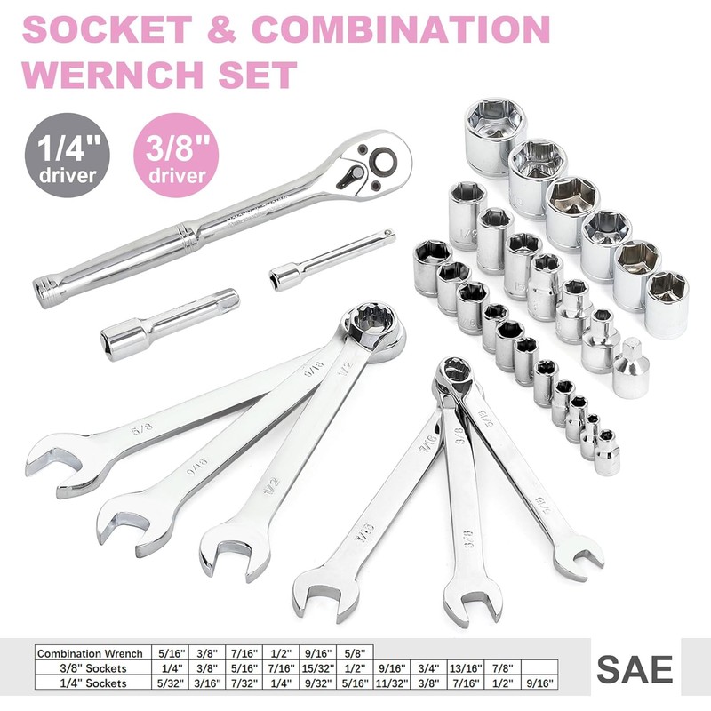 FASTPRO 198-Piece Pink Tool Set, Household Repairing Tool Set with