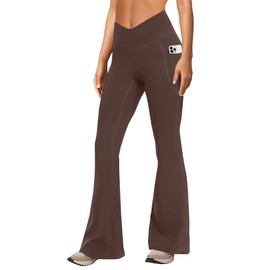 DLOODA Women's Yoga Pants with Pockets No Front Seam Crossover High Waisted Flare Leggings Tummy Control Bootcut Pants (Brown XS)