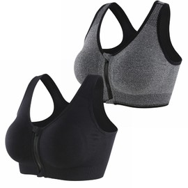 CLOUSPO Sports Bra Post Surgery Bra Zip Front Wireless with Removable Pads Yoga Bra for Workout Fitness(L,Grey+Black)