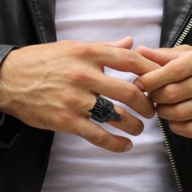 Men Black Metal Plated Spiritual Totem Jewelry Punk Dragon Head Rings, Size 8