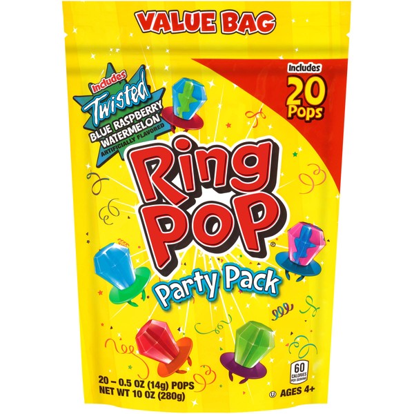 Ring Pop Individually Wrapped Bulk Lollipop Variety Party Pack – 20 Count Lollipop Halloween Suckers W/ Assorted Fruity Flavors - Fun Candy For Halloween Candy Bowls, Parties & Trick Or Treating Bags