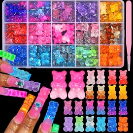 Namifin 3D Bear Nail Charms Bulk Y2K Lollipops Fruits Cherries Kawaii Gummies Oacen Beach Moon Bowknots Hearts Pearls Cute Nail Charms for Nail Art DIY Accessories