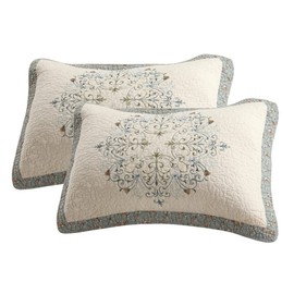vctops 2-Piece Elegant Floral Embroidered Pillow Shams Queen Size 100% Cotton Quilted Decorative Pillow Shams Set (Blue,20"x26")