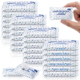 Dansib 240 Pcs Travel Wipes 24 Pack 100% Water Wet Mini Wipes Individually Wrapped Travel Size Hand Wipe Unscented and Safe for Skin Compact Mini Wipe for Back to School Purses Pockets(Blue Point)