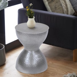Benjara Industrial Style Hammered Texture Iron Stool with Hourglass Silver Medium