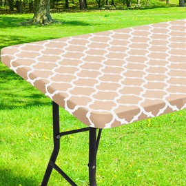 Smiry Rectangle Picnic Table Cover, Waterproof Elastic Fitted Camping Tablecloths for 4 Foot Tables, Wipeable Flannel Backed Vinyl Tablecloth Protector for Indoor, Outdoor (Khaki, 24x48 Inches)