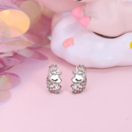 Unicorn Earrings for Women Hypoallergenic, 925 Sterling Silver Rainbow CZ Crown Stud Earrings, Gifts for Daughter Granddaughter