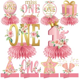 10Pcs Miss Onederful Birthday Decorations Honeycomb Centerpieces for Baby Girls, Pink Rose Gold 1st Birthday Table Centerpiece Party Supplies, Floral First Birthday Table Topper Sign Decor