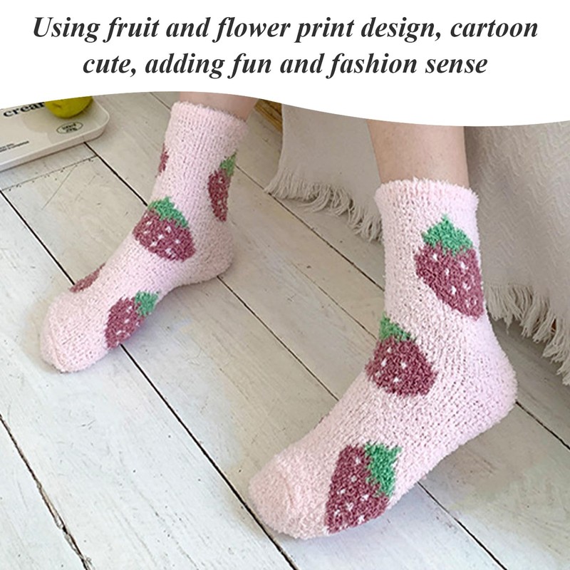 5 Pieces Of Fruit Print Socks, Coral Fleece Socks, Warm