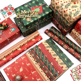 Christmas Wrapping Paper Sheet, 12 Recycled Gift Wrapping Paper Set, 70 x 50cm Kraft Wrapping Paper Sheets with Tags Stickers for Gift Wrapping, Wrapping Paper for Christmas New Year Holiday, Deco, DIY