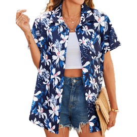 HOTOUCH Ladies Summer Hawaii Shirts V Neck Short Sleeve Boho Print Blouse Lightweight Cool Beach Button Down Tunic Tops Blue Floral