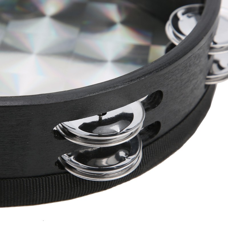 Hand Tambourine Double Row Percussion Polyester Drum Skin Solid Wood