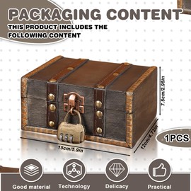 Sporgo Wooden Treasure Chest Box: Children's Birthday Pirate Chest Wooden Treasure Chest with Combination Lock 16 x 12 x 9.5 cm, Vintage Wooden Box Lockable for Storage and Decoration